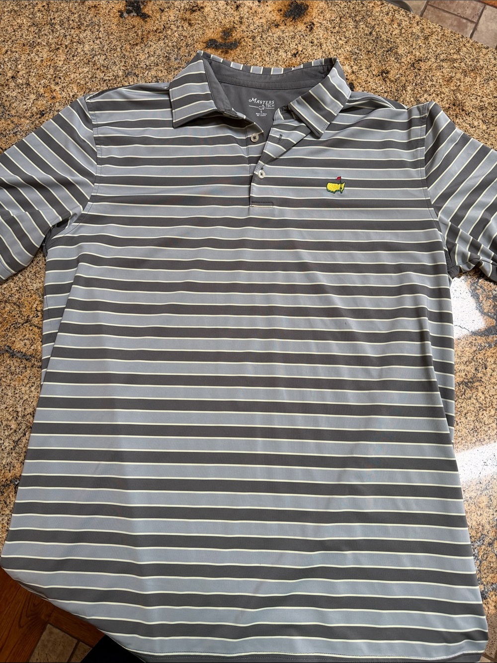 Masters Gray and White Striped Polo with Embroidered Logo